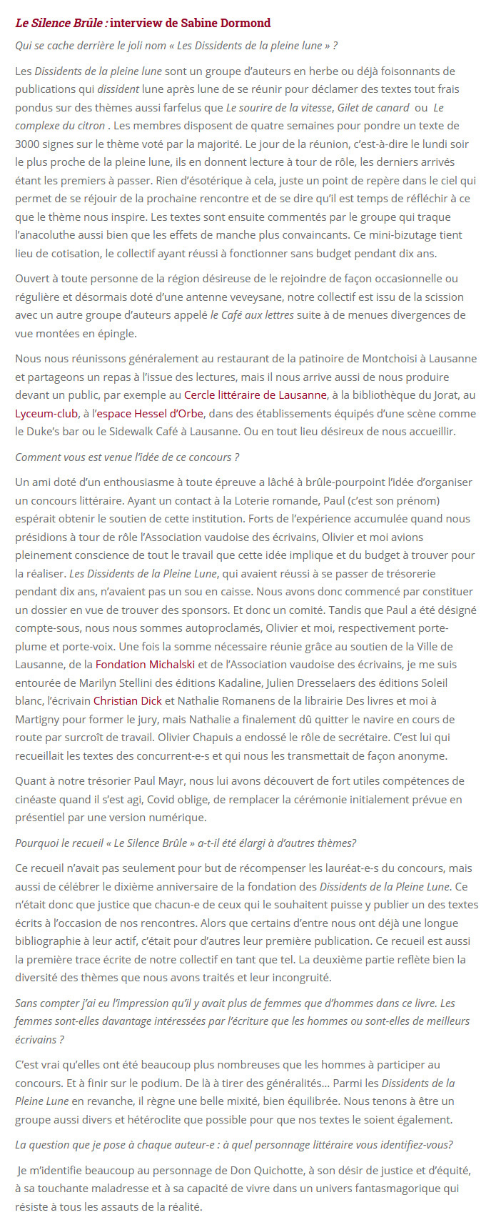 Un livre 5 questions :  Le Silence Brle  pour les Dissidents de La Pleine Lune. Blog de Dunia Miralles, Le Temps 6 mai 2021