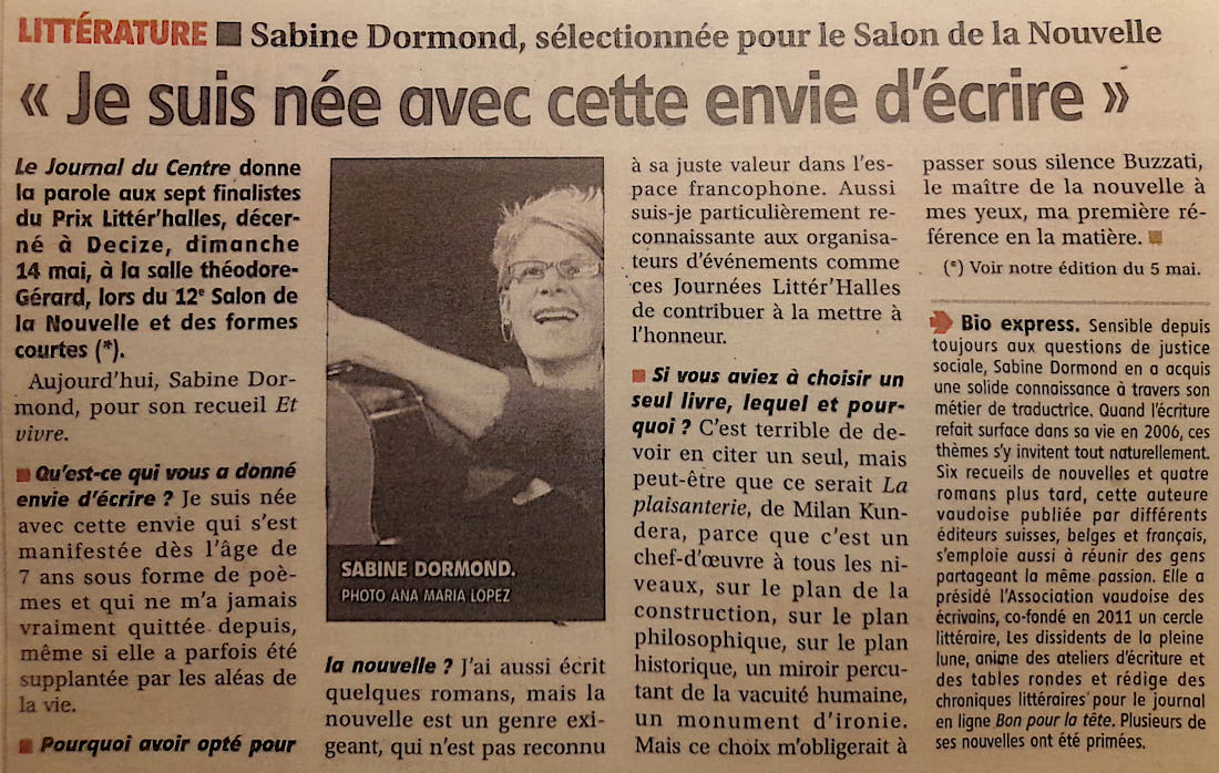 Sabine Dormond s�lectionn�e pour le Salon de la Nouvelle, Journal du Centre, mai 2023